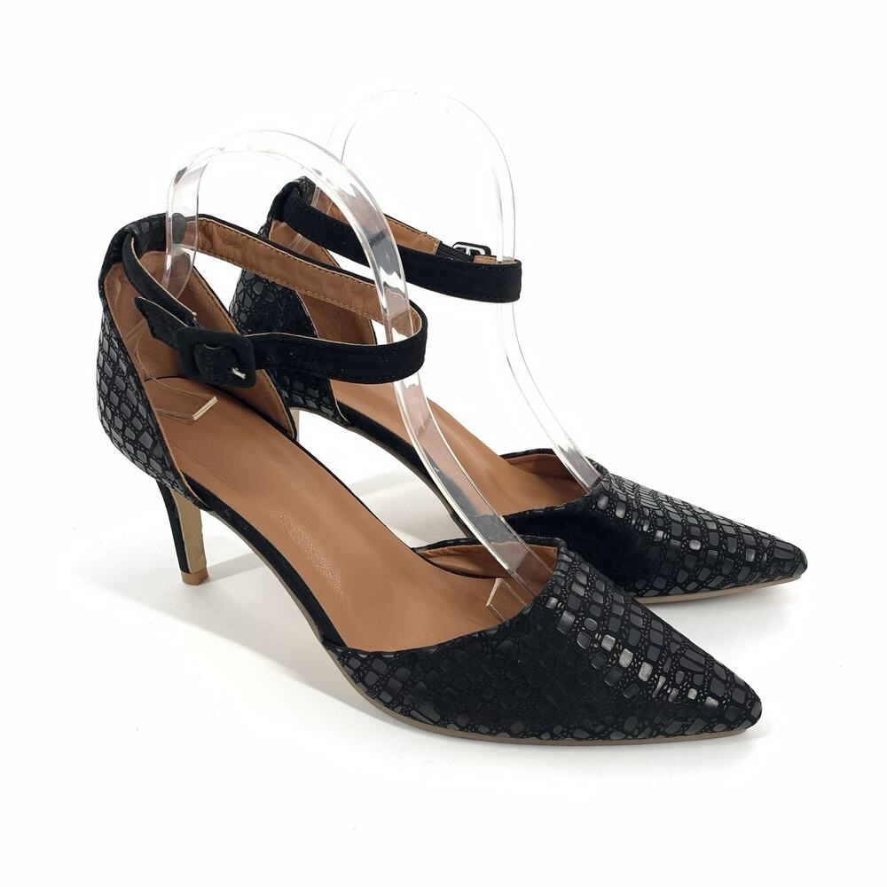 Boutique Faux Leather Crocodile Embossed Ankle Strap Heels 39 8.5 US Black Sexy